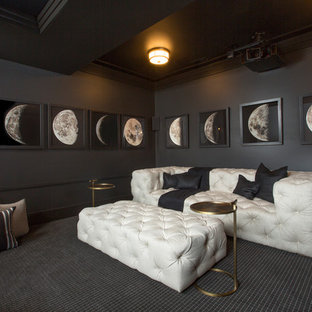 Design ideas for a contemporary home cinema in Columbus with black walls, a projector screen and black floors.