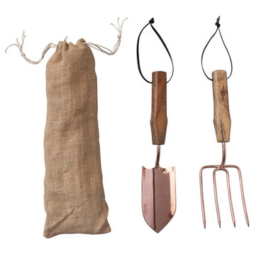 Garden Tools with Wood Handles in Drawstring Bag, Natural