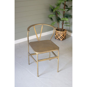 Metal Mid Century Modern Curved Back Shiny Antiqued Brass Finish Side Chair