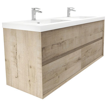 Kody 60" Double Sink Wall Mounted Vanity, Acrylic Sink, Light Oak, Glossy White Top