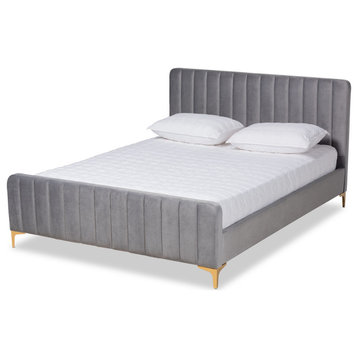 Nami Glam and Luxe Light Grey Velvet and Gold Finished King Size Platform Bed