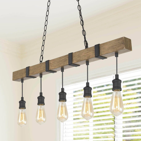 LNC 5-Light Farmhouse Antique Brown Wood Grain and Matte Black Linear Chandelier