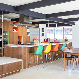 Modelo de cocina comedor de galera, vintage, con armarios con paneles lisos, puertas de armario de madera en tonos medios, electrodomésticos de acero inoxidable y una isla