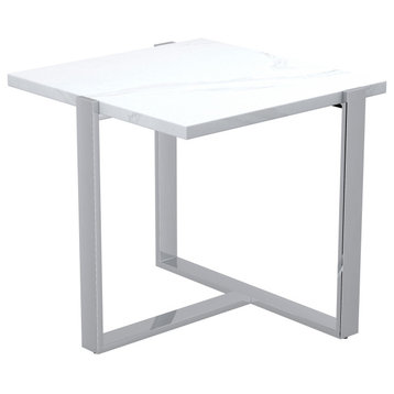 Contemporary Granite and Paper Veneer and Metal Accent Table, White and Silver