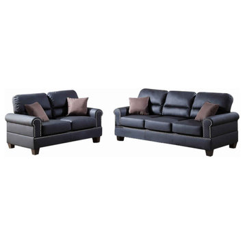 Benzara BM168791 Bonded Leather 2 Pieces Sofa Set With Pillows In Black