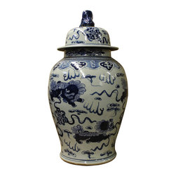 Chinese Blue White Foo Dogs Porcelain Temple General Jar cs2402 - Decorative Jars And Urns