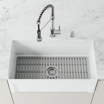 VIGO Matte Stone™ Farmhouse Casement Apron Front Kitchen Sink With Gray Grid, 33