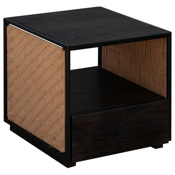 Benzara UPT-238069 Wood Side Table Nightstand, Jute Side Panels, Brown, Black