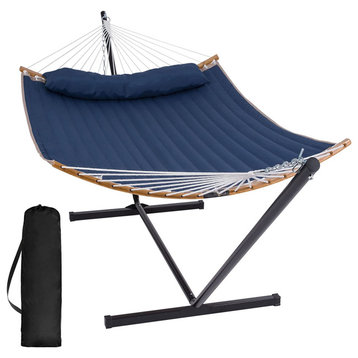 Double Hammock, Metal Stand With Curved Spreader & Padded Pillow, Dark Blue