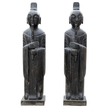 Pair Chinese Black Gray Stone Standing Zen Harmony Decor Statues Hcs7647