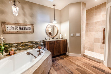 Arts and crafts beige tile and ceramic tile light wood floor bathroom photo in Other with an undermount sink, medium tone wood cabinets, granite countertops and beige walls