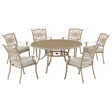7-Piece Dining Set, 6 Chairs and 60" Round Cast-top Table, Sand