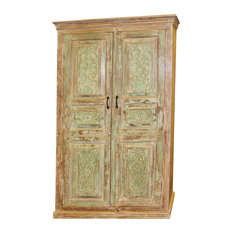 Mogul Interior - Consigned Antique Rustic Old Doors Armoire Cabinet Carved Floral Green - Armoires and Wardrobes
