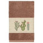 Linum Home Textiles - Mila Embellished Hand Towel - The MILA Embellished Towel Collection features whimsical blooming cactus in applique embroidery on a woven textured border. These soft and luxurious towels are made of 100% premium Turkish Cotton and offer lasting absorbency and superior durability. These lavish Turkish towels are produced in Linum�s state-of-the-art vertically integrated green factory in Turkey, which runs on 100% solar energy.