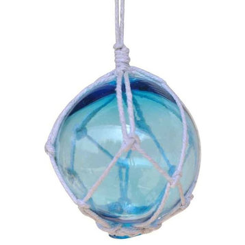 Light Blue Japanese Glass Ball With White Netting Christmas Ornament 3"