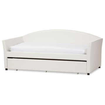 London Faux Leather Arched Back Sofa Twin Daybed With Trundle Bed, White