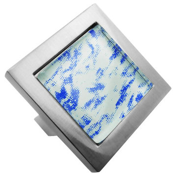 Hand Brushed Surreal Blue Clouds Crystal Glass Brushed Nickel Square Manor Knob