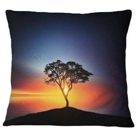 Beautiful Sunset over Lonely Tree Landscape Printed Throw Pillow, 16"x16"