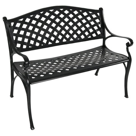 Sunnydaze 2-Person Black Checkered Cast Aluminum Outdoor Patio Garden Bench