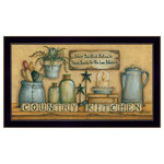 Trendy Decor 4 U - "Country Kitchen" By Mary June, Printed Wall Art, Ready To Hang, Black Frame - Mary474-712, "Country Kitchen", a 20" x 11" decorative black framed framed art print by Mary June.  Tin ware, Print has crock, primitive black stars, oil lamp. The print has a protective, archival finish (glass is not needed) and arrives ready to hang. Made in the USA with pride by skilled American workers.