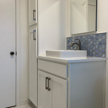 BATHROOM - Complete Remodel Tub-to-Shower White Cabinets, White Hex Floor