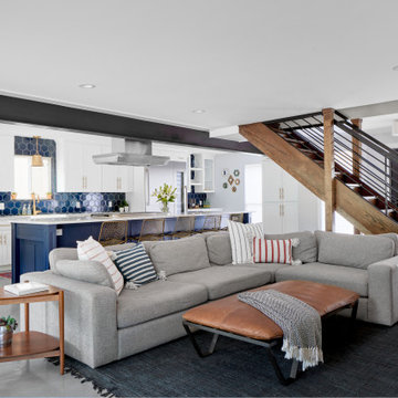 Navy Blue Hex Tile Backsplash in Open Kitchen