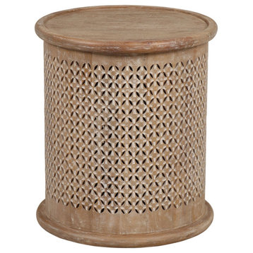 Sumter 17"Diameter Mango Wood Drum Side Table, Brown/White