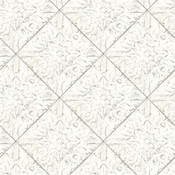 3119-13091 Brandi White Metallic Faux Tile Prepasted Non Woven Blend Wallpaper