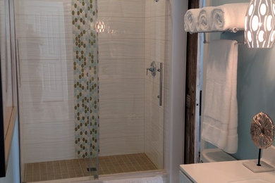 Inspiration for a large coastal 3/4 white tile and porcelain tile painted wood floor and blue floor bathroom remodel in Columbus with shaker cabinets, white cabinets, a two-piece toilet, blue walls, an integrated sink and quartz countertops