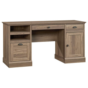 Rustic Desk, Adjustable Open Shelf and 2 Drawers With Safety Stop, Salt Oak