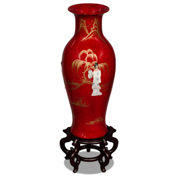Chinese Porcelain Vase With Mother of Pearl Figures on Black Lacquer, Red