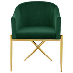 Meridian Furniture - Xavier Velvet Dining Chair, Green, Gold Legs - Spread elegance and modernity to your dining room with this Xavier green velvet dining chair from Meridian Furniture. This beautiful chair features a simple barrel seat with a plush cushion and back, ensuring that every meal is a comfortable one. The gold steel legs provide durable support while you sit, and an "X" leg in the back lends the chair an uber-modern vibe. Gold finishing on the base is sleek and chic, giving this chair a contemporary edge that's well at home in any modern dining room. Sleek green velvet upholstery is durable and tough yet soft against your body, elevating meal times to a luxurious experience.
