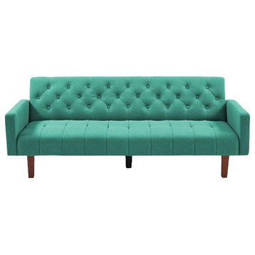 Mid Century Convertible Futon, Diamond Button Tufted Back & Track Arms, Green