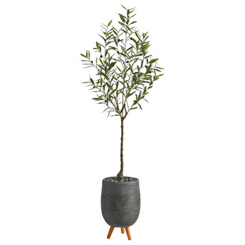 70" Olive Artificial Tree, Gray Planter With Stand