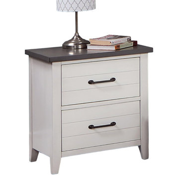Modern Nightstand, Storage Drawers With Grooved Front, Black Pulls, White/Gray