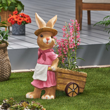 Tooke Outdoor Decorative Rabbit Planter, Pink and Brown