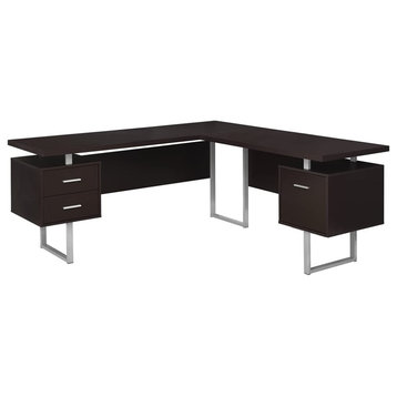 Contemporary Desk, Corner Design With Silver Frame and Floating Top, Cappuccino