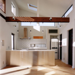 他の地域のモダンスタイルのおしゃれなキッチン (淡色無垢フローリング、茶色い床) の写真