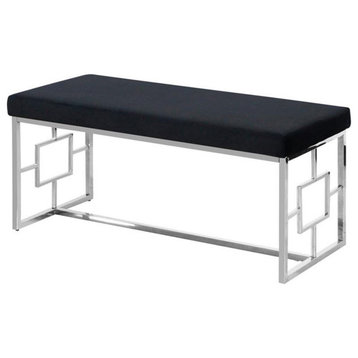 Bowery Hill Velvet and Stainless Steel Bench in Black and Silver