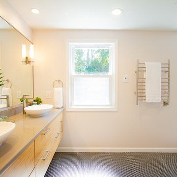 Heated Towel Warmed & Jet Black Penny Tiles