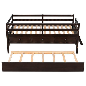 Gewnee Wood Twin Low Loft Bed with Storage Drawers and Trundle in Espresso