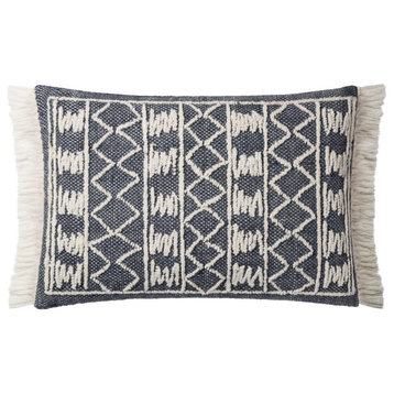 French Knots Fringed Lumbar Pillow 16"x26", Navy, Down/Feather