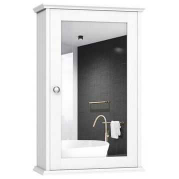 Costway New Bathroom Wall Cabinet Single Mirror Door Storage Wood Shelf White