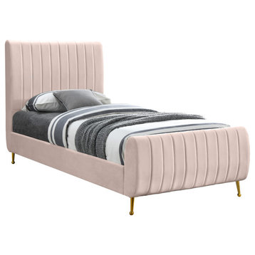 Zara Channel Tufted Velvet Upholstered Bed With Custom Gold Legs, Pink, Twin