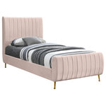 Meridian Furniture - Zara Channel Tufted Velvet Upholstered Bed With Custom Gold Legs, Pink, Twin - Slip into the lap of luxury with this Zara Velvet Bed. This beautiful twin bed is padded to the max on its headboard and footboard for a look that is nothing short of upscale. The luxe design is amplified by the bed's rich pink velvet upholstery and its deep detailed channel tufting, which also serves to keep the interior padding aloft, full, and comfortable while you relax or unwind in bed. The bed has gold legs for a regal touch, and it comes with slats, so it doesn't require a box spring.