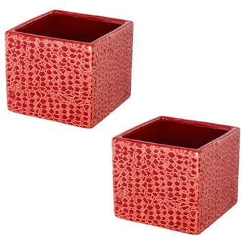 Set Of 2 Textured Ceramic Planter Pot Red 5.5x5.5x5"