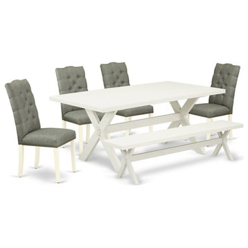East West Furniture X-Style 6-piece Wood Dining Table Set in Linen White/Smoke