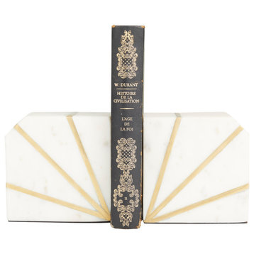 CosmoLiving by Cosmopolitan Set of 2 White Marble Glam Bookends, 5" x 4" x 2"