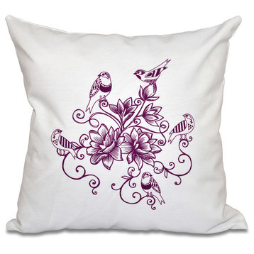Five Little Birds, Floral Print Pillow, Purple, 16"x16"