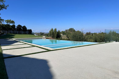 Example of a large 1960s backyard concrete and rectangular infinity hot tub design in Los Angeles